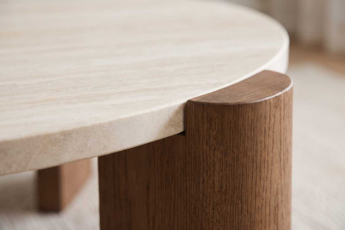 Suzanne 40" Round Travertine Coffee Table – Cream Stone, Dark Oak-Veneer Legs