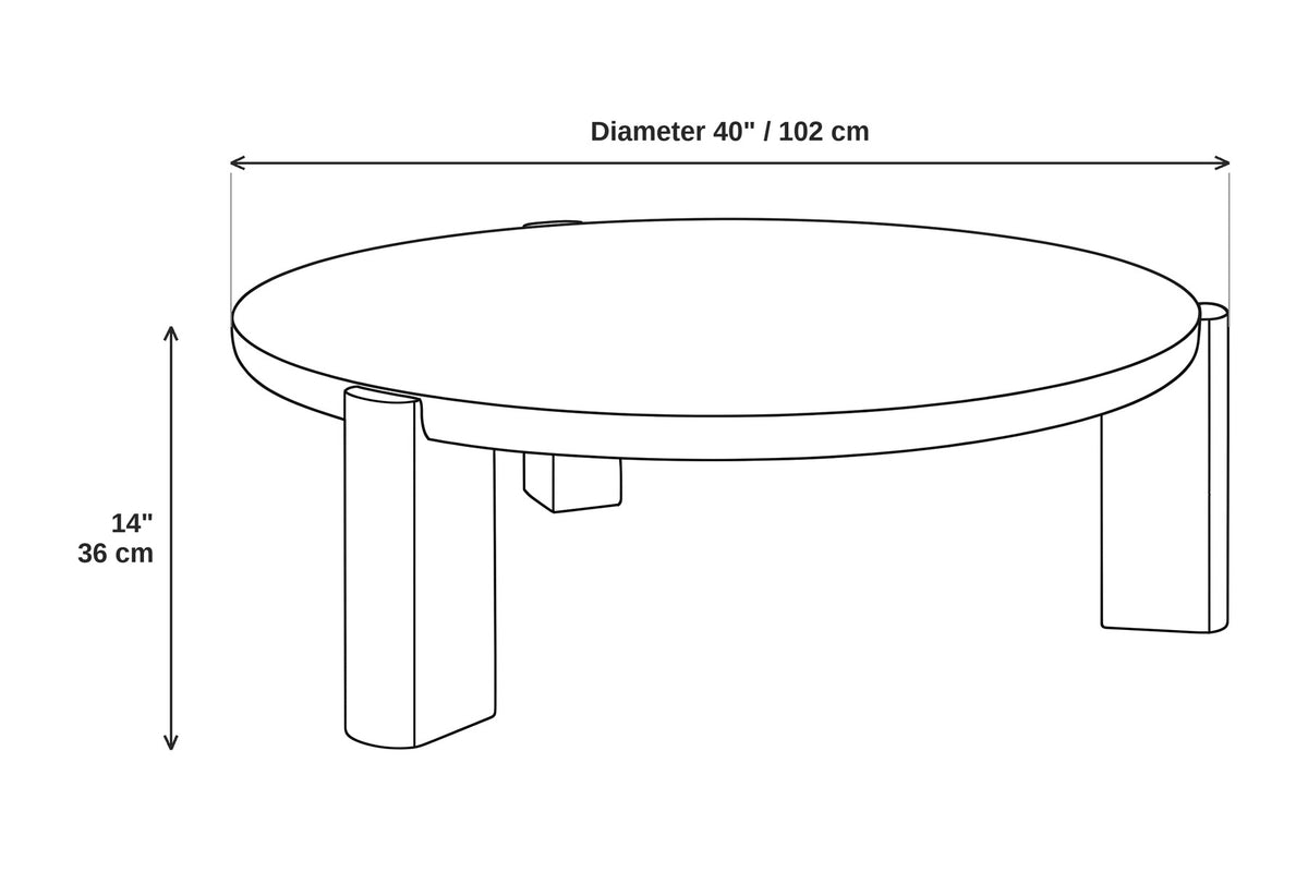 Suzanne 40" round travertine coffee table with dark oak-veneer legs dimensions: 40 inches wide, 40 inches deep and 14 inches high