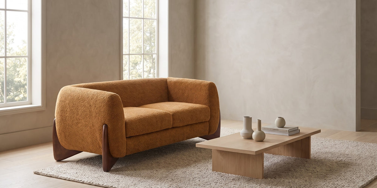 Trocadéro caramel bouclé loveseat with sculpted wood wedge feet in a wide room view