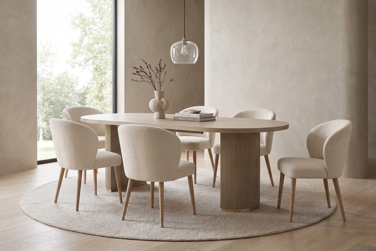 Tuileries 88-inch oval dining table with two fluted pedestals in a light natural finish in a calm, daylit dining room