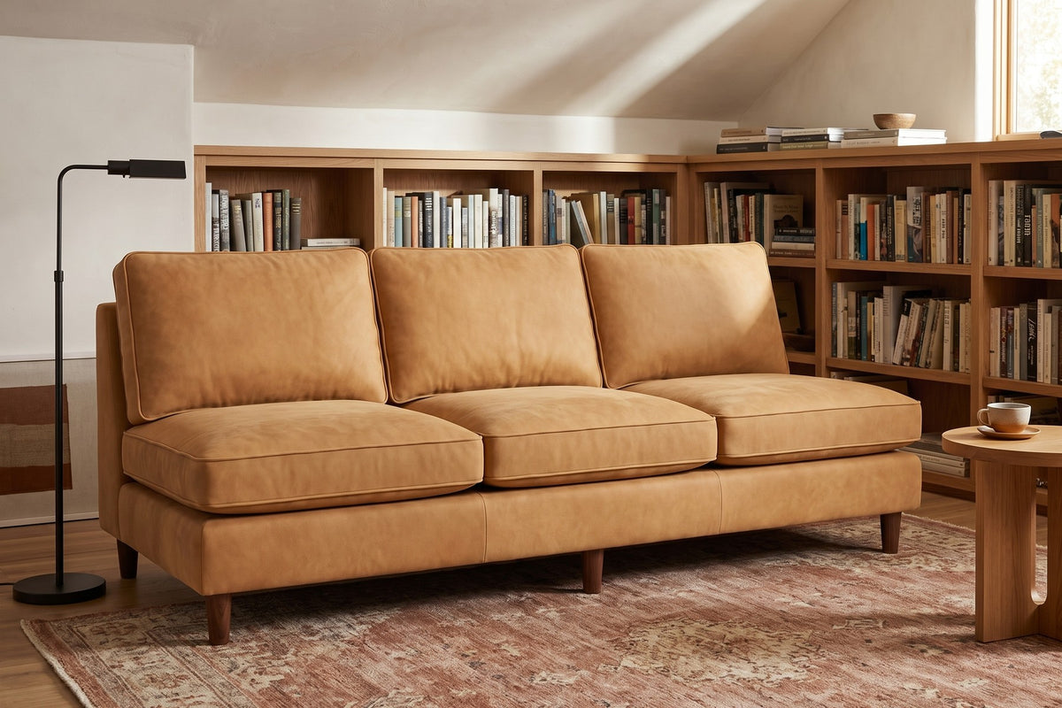 Uzès Camel Armless Nubuck Leather Sofa in a room