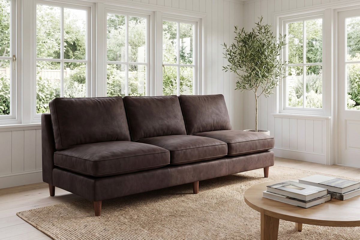 Uzès Armless Nubuck Leather Sofa in Espresso, in a room setting