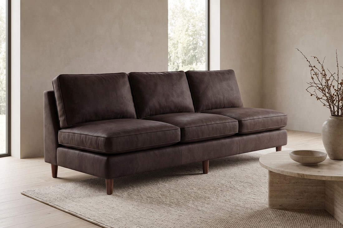 Uzès Armless Nubuck Leather Sofa in Espresso, in a living space