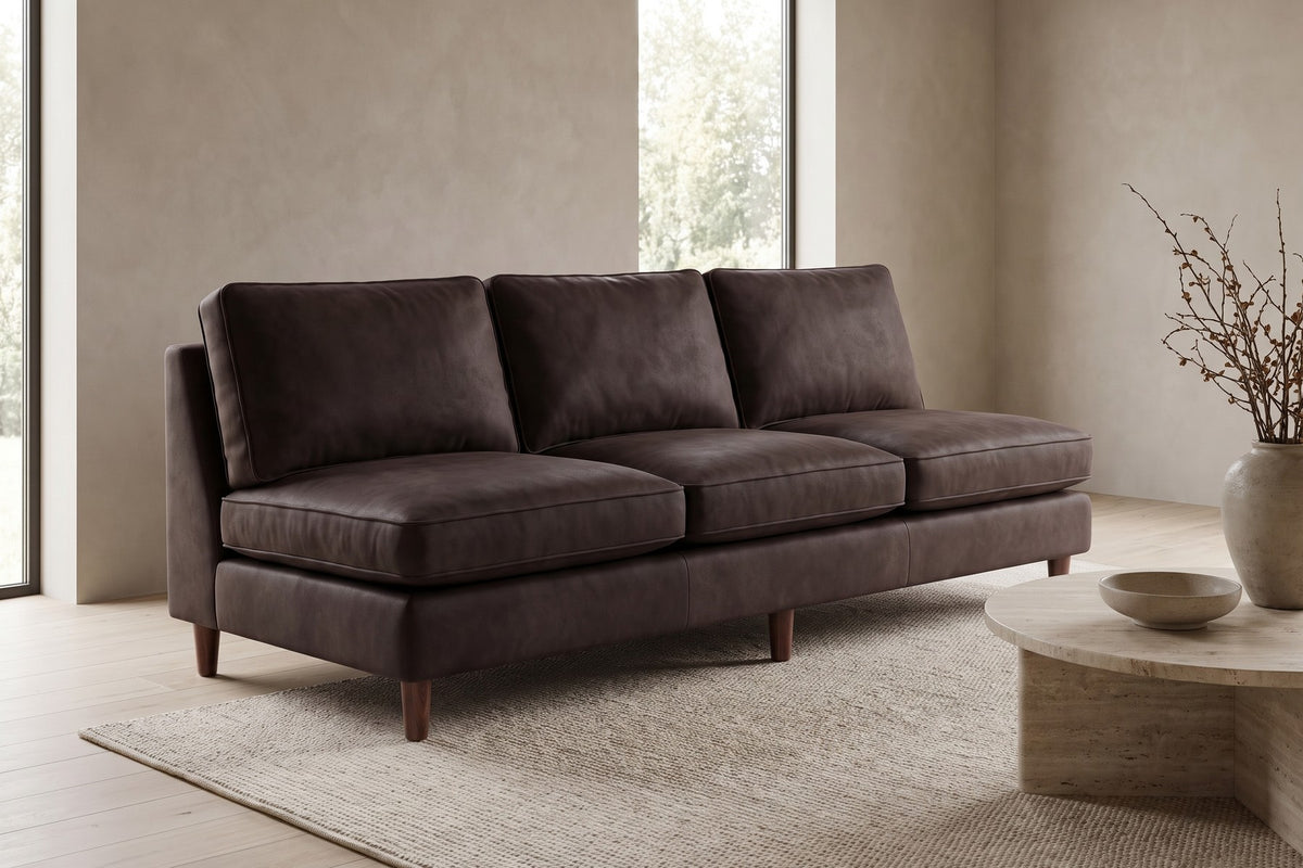 Uzès 84" Armless Nubuck Leather Sofa – Deep Feather-Wrapped Seat, Tapered Legs
