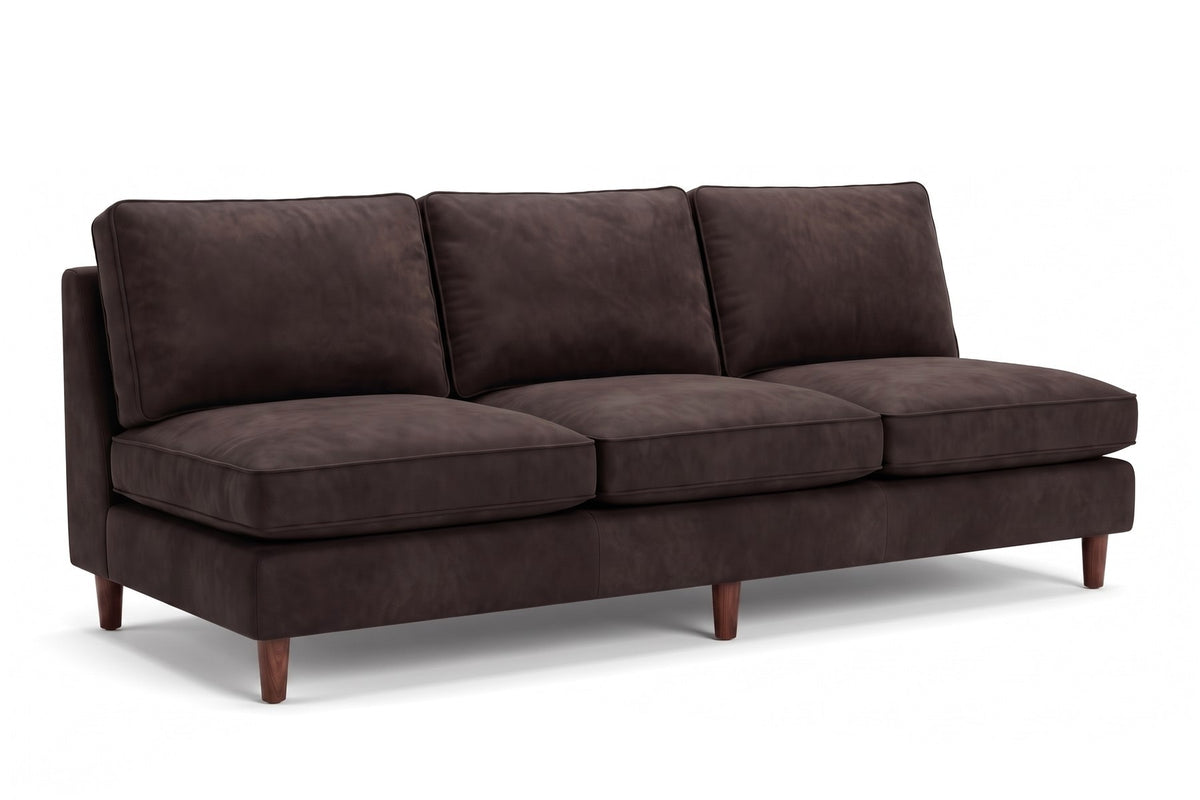 Uzès Armless Nubuck Leather Sofa in Espresso, three-quarter view on white