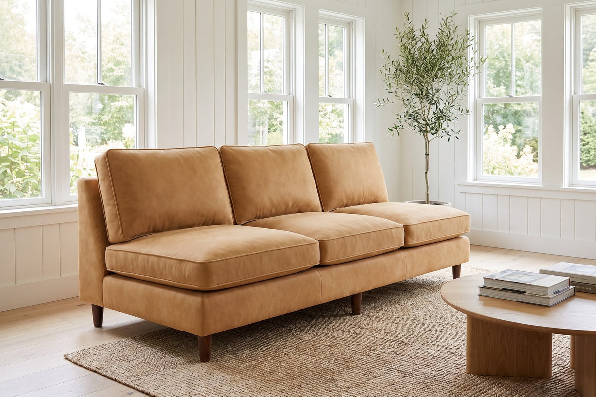 Uzès 84" Armless Nubuck Leather Sofa – Deep Feather-Wrapped Seat, Tapered Legs