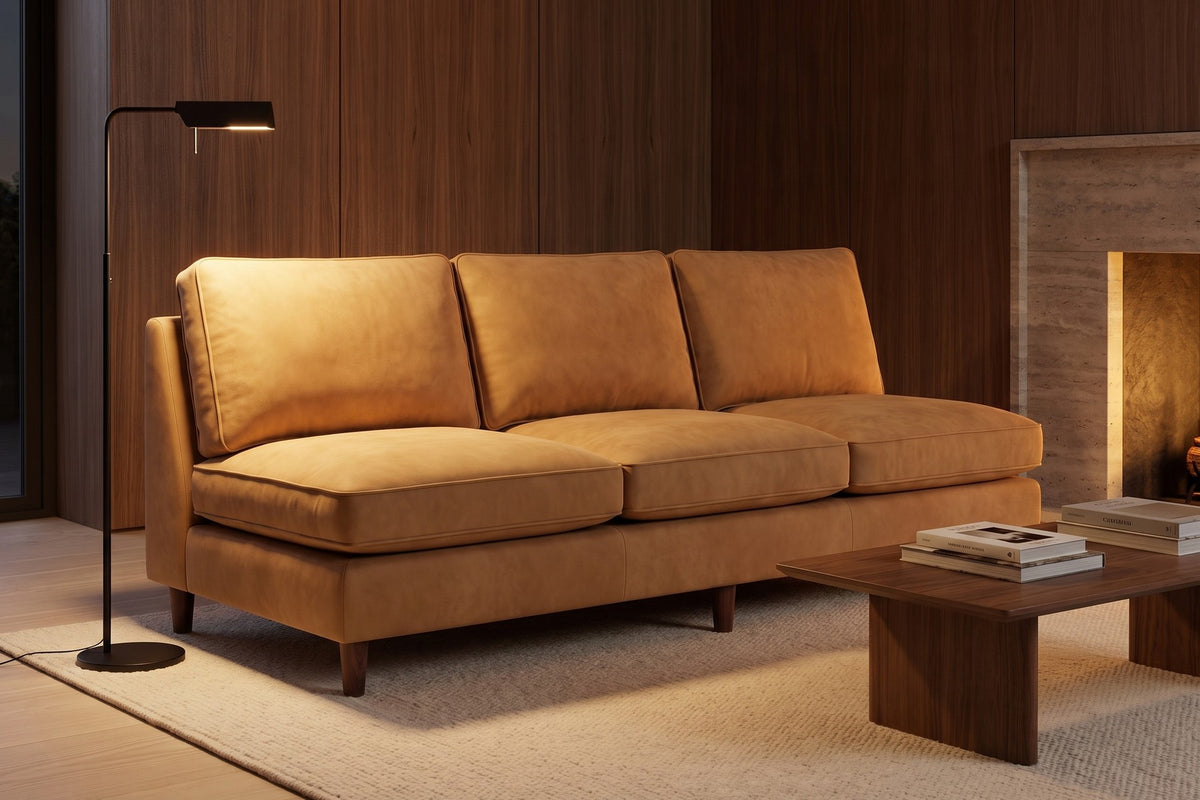 Uzès Camel Armless Nubuck Leather Sofa in a room setting