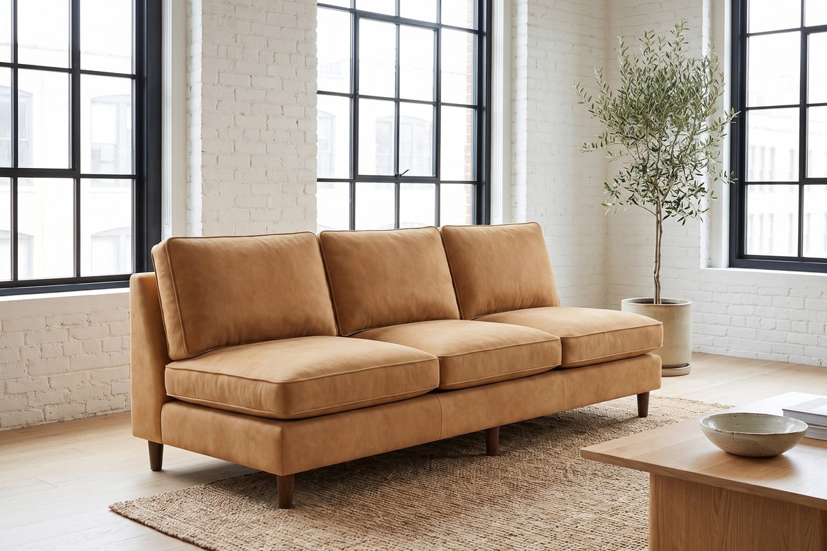 Uzès 84" Armless Nubuck Leather Sofa – Deep Feather-Wrapped Seat, Tapered Legs