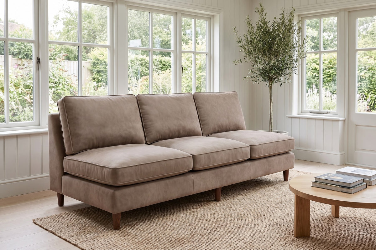 Uzès 84" Armless Nubuck Leather Sofa – Deep Feather-Wrapped Seat, Tapered Legs