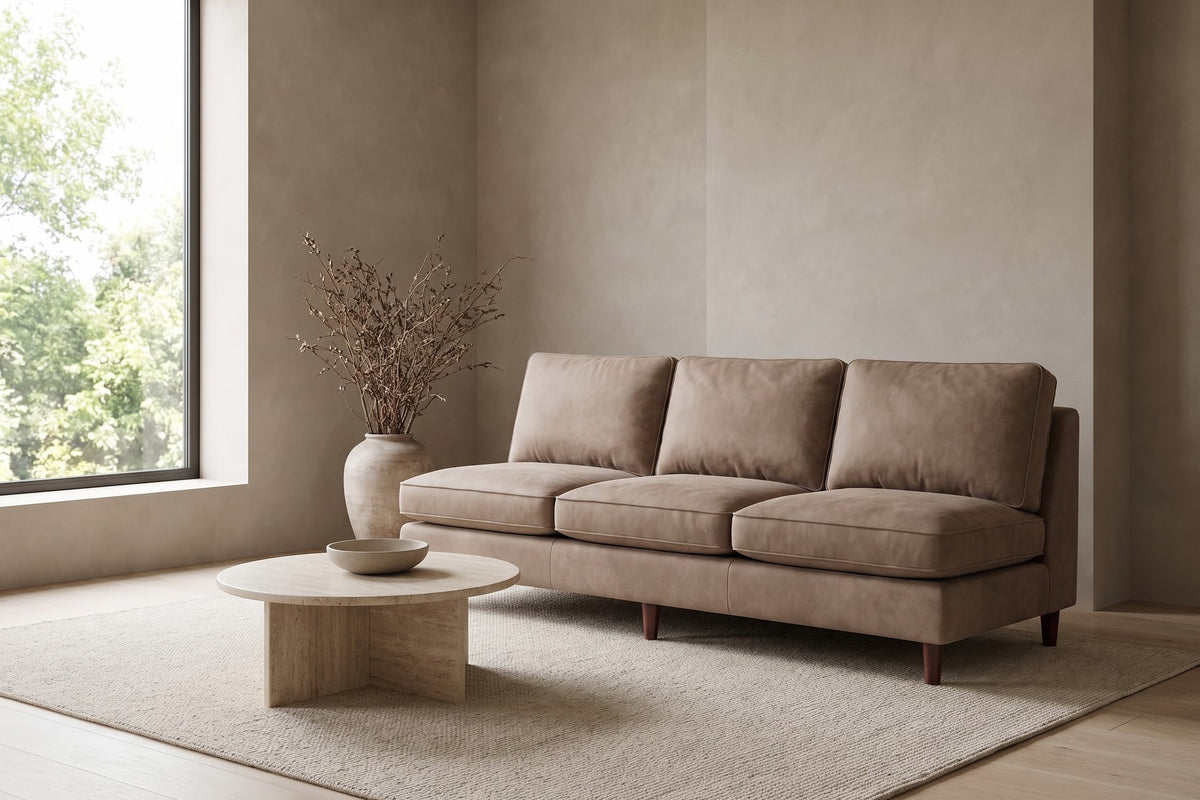 Uzès Armless Nubuck Leather Sofa in Mushroom, in a living space