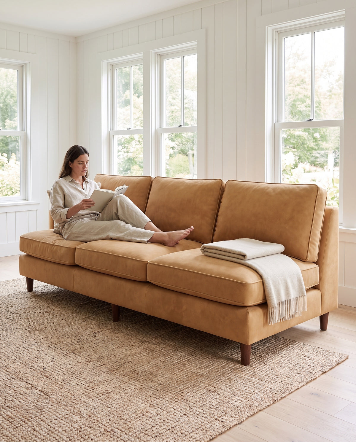 Uzès Camel Armless Nubuck Leather Sofa in everyday use at home