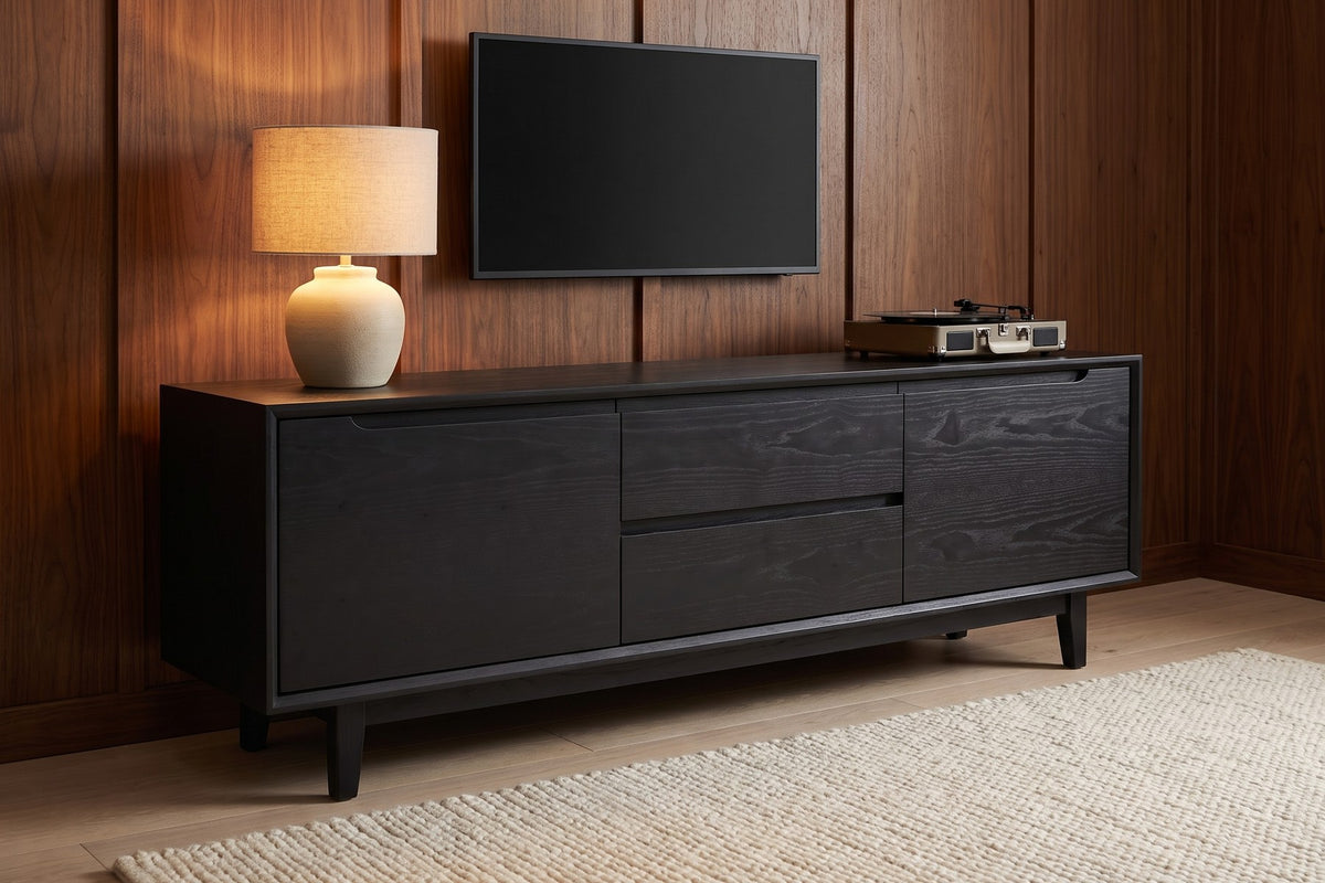 Valence Media Console in Black Oak, in a room setting