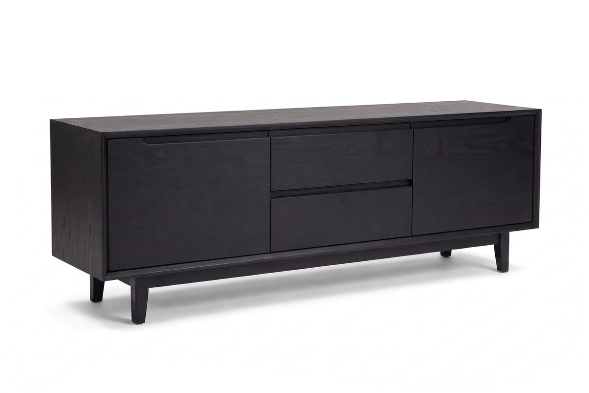 Valence Media Console in Black Oak, three-quarter view on white