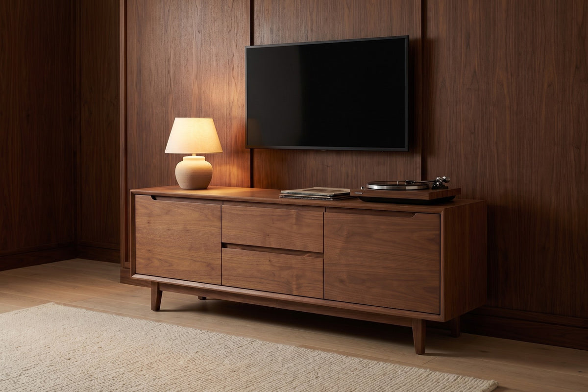 Valence 72" Media Console – Walnut or Oak, Two Doors, Two Drawers, Tapered Legs