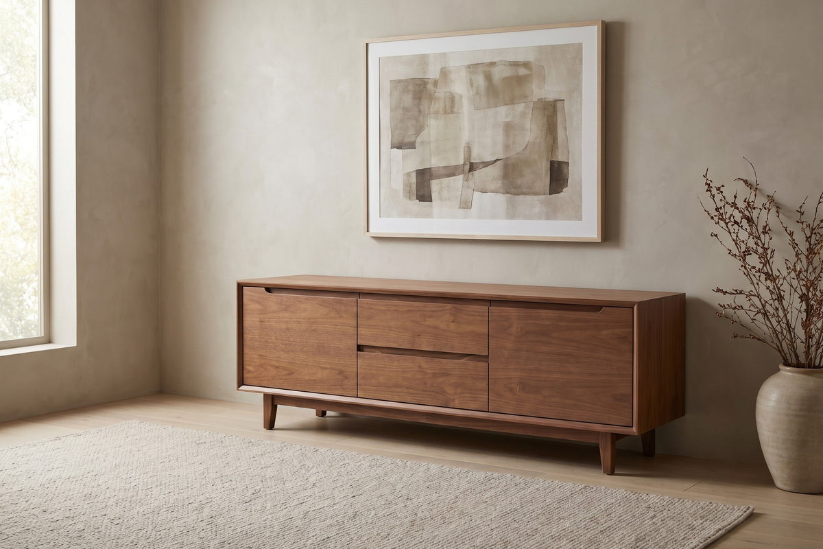 Valence 72" Media Console – Walnut or Oak, Two Doors, Two Drawers, Tapered Legs