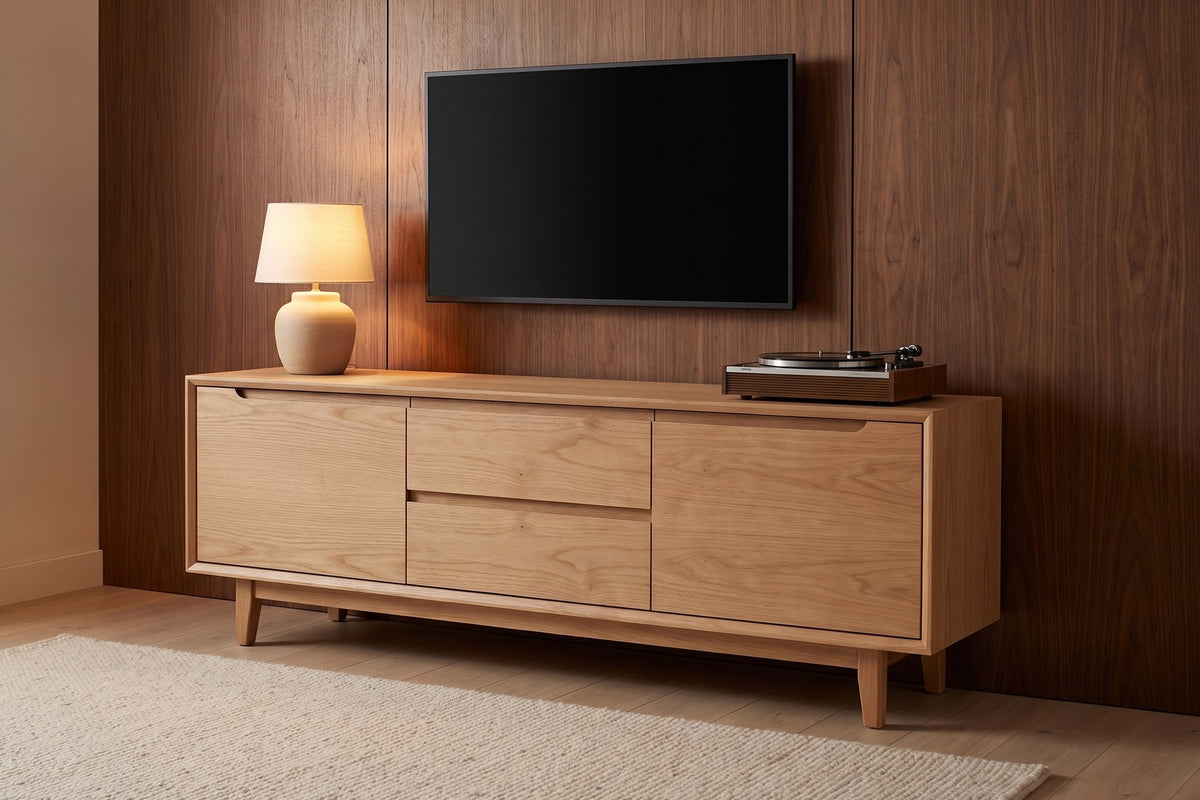 Valence Media Console in Natural Oak, in a room setting