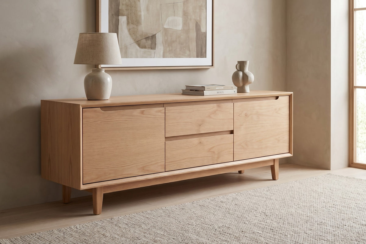Valence 72" Media Console – Walnut or Oak, Two Doors, Two Drawers, Tapered Legs