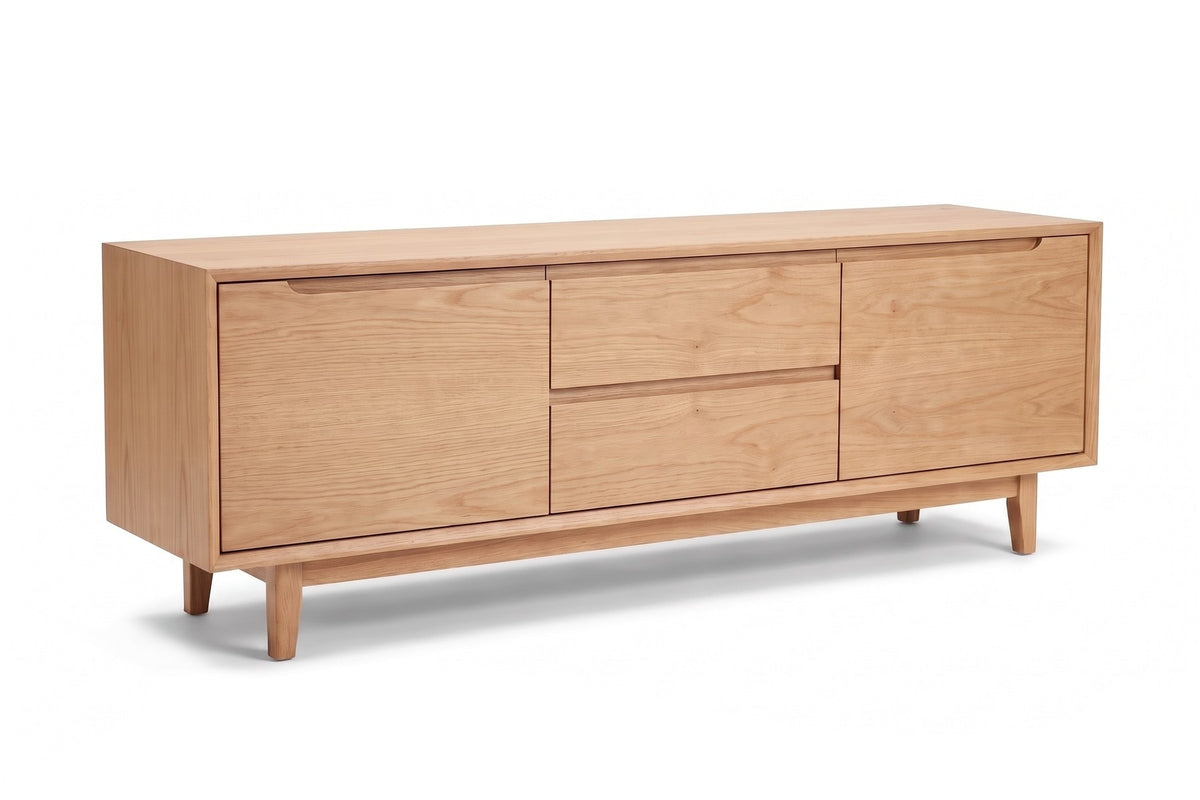 Valence Media Console in Natural Oak, three-quarter view on white