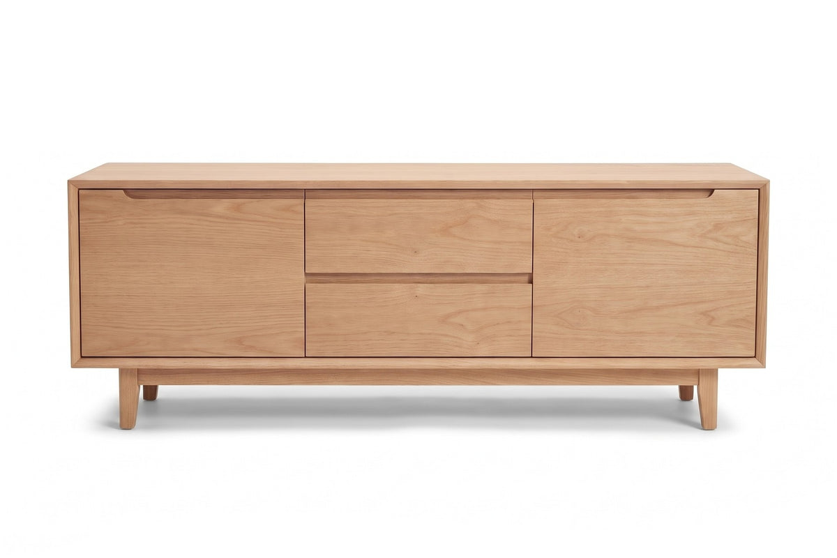 Valence 72" Media Console – Walnut or Oak, Two Doors, Two Drawers, Tapered Legs
