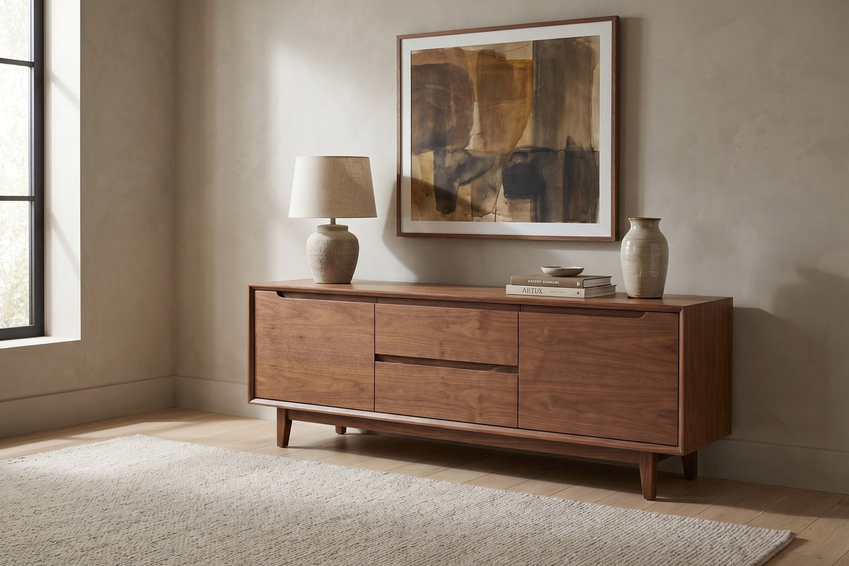 Valence Walnut Media Console in a living space