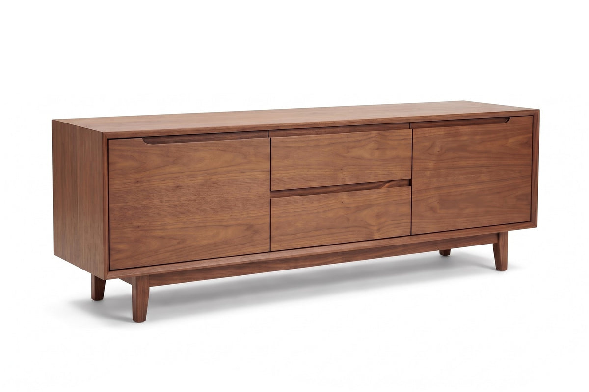 Valence 72" Media Console – Walnut or Oak, Two Doors, Two Drawers, Tapered Legs
