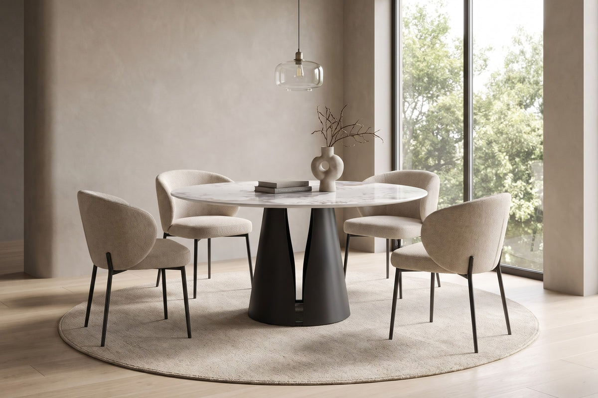Valentine Round White Sintered Stone Dining Table – Gray-Veined Top, Sculpted Black Pedestal