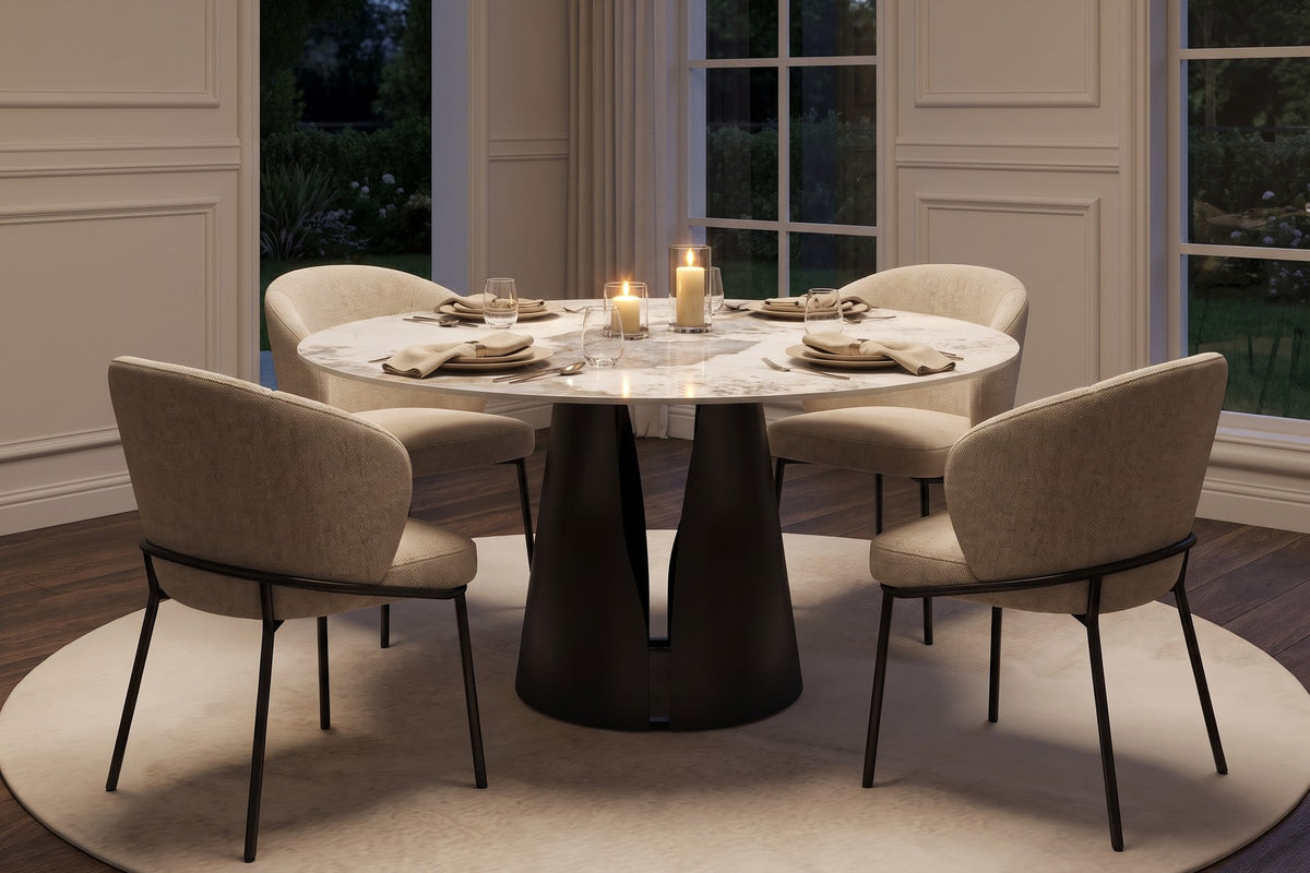 Set for dinner. In candlelight, the round top keeps everyone in the conversation.