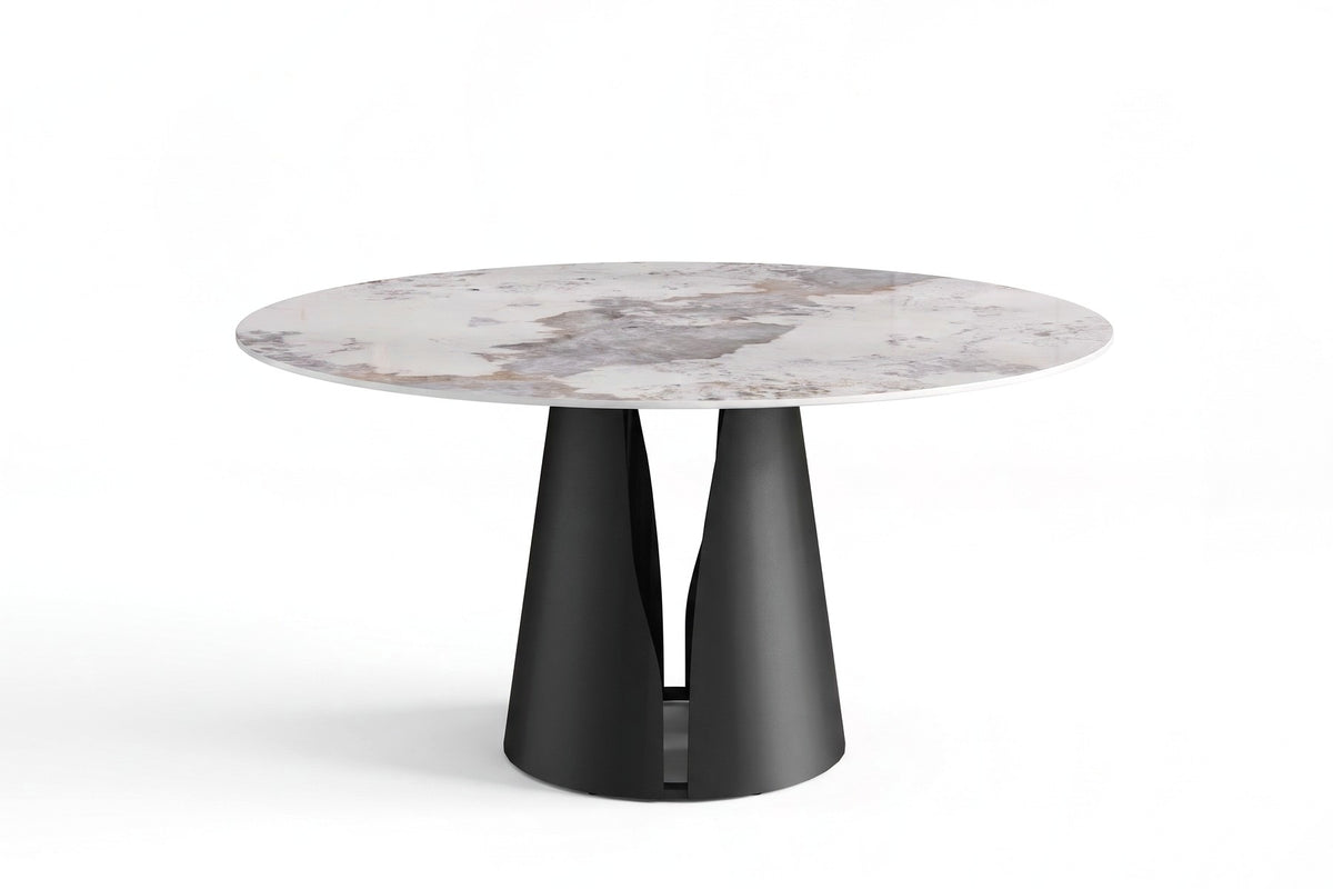 Valentine Round White Sintered Stone Dining Table – Gray-Veined Top, Sculpted Black Pedestal
