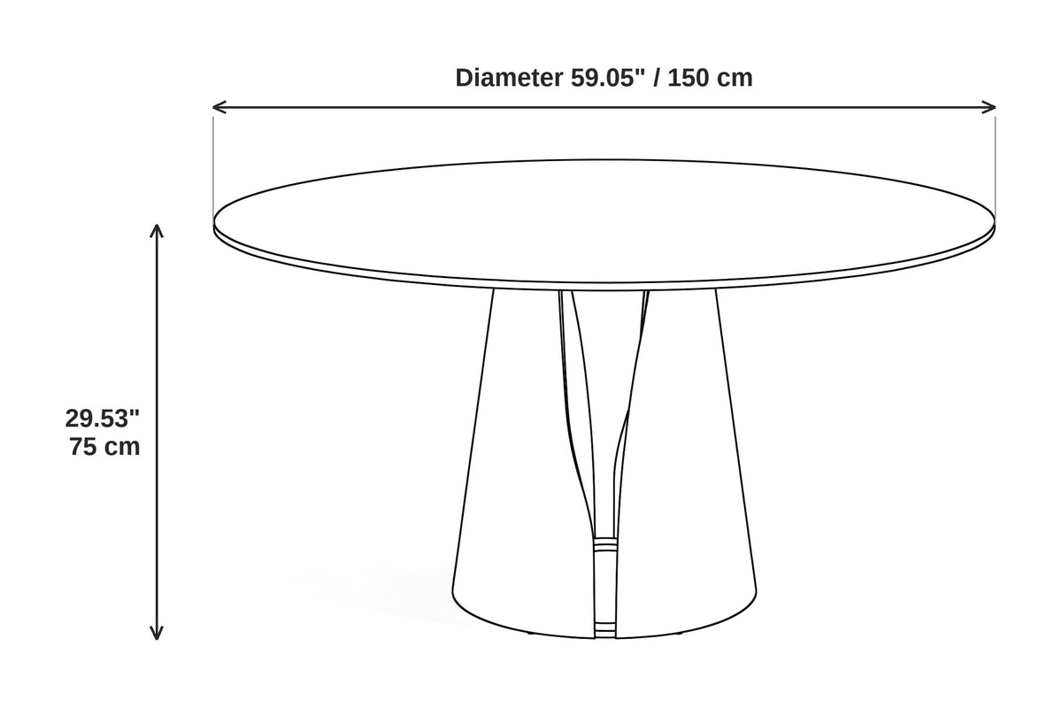 Valentine Round White Sintered Stone Dining Table – Gray-Veined Top, Sculpted Black Pedestal