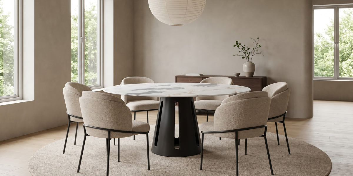 Valentine 59" round white sintered stone dining table on a black cone pedestal in a wide room view