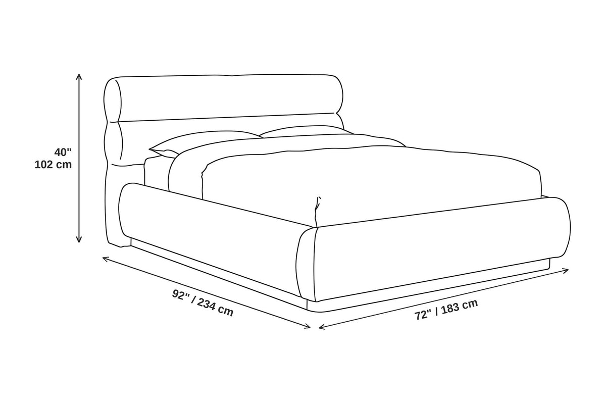 Valloire Overstuffed Bouclé Bed – Rolled Headboard, Solid Oak Plinth, Queen