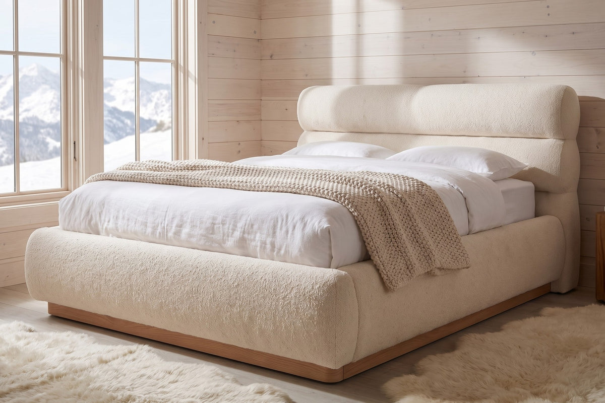 Valloire Overstuffed Bouclé Bed – Rolled Headboard, Solid Oak Plinth, Queen