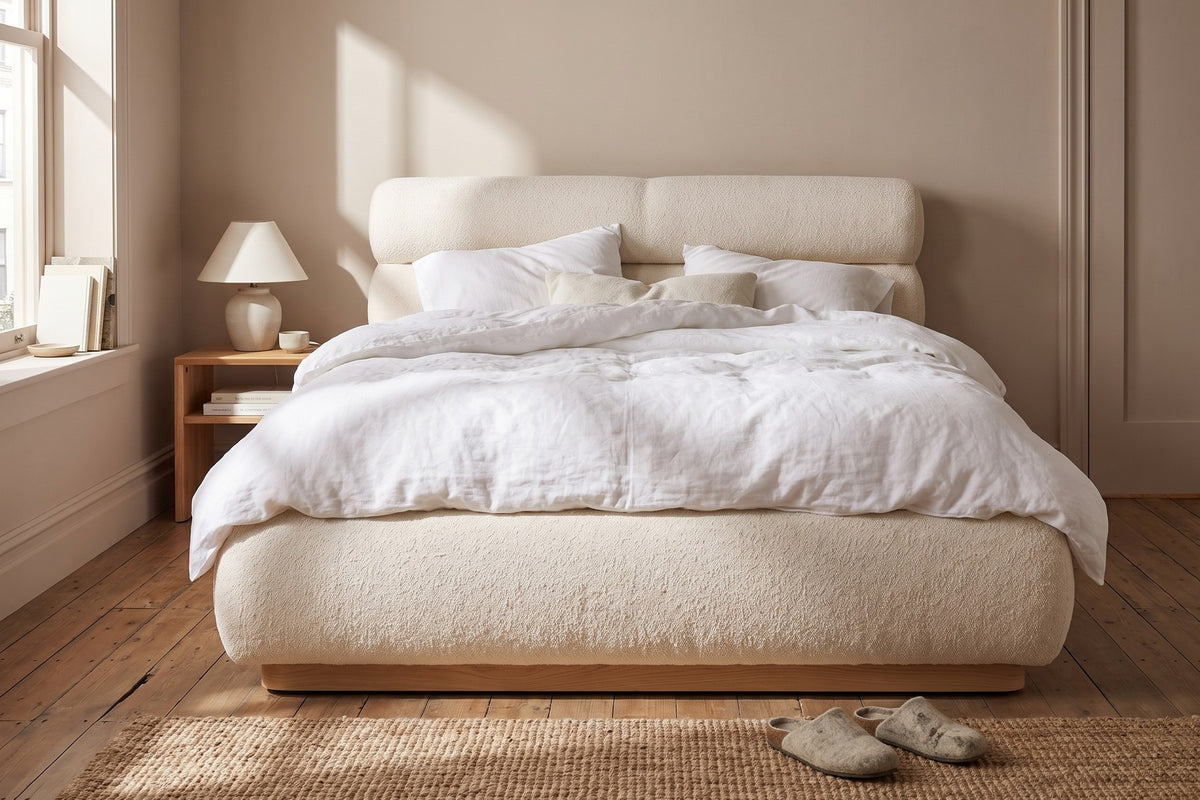 Valloire Overstuffed Bouclé Bed – Rolled Headboard, Solid Oak Plinth, Queen