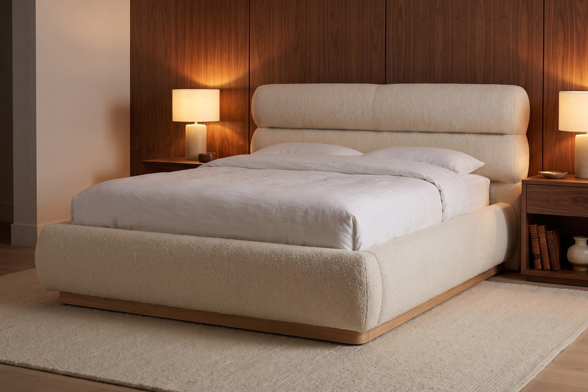 Valloire Overstuffed Bouclé Bed – Rolled Headboard, Solid Oak Plinth, Queen