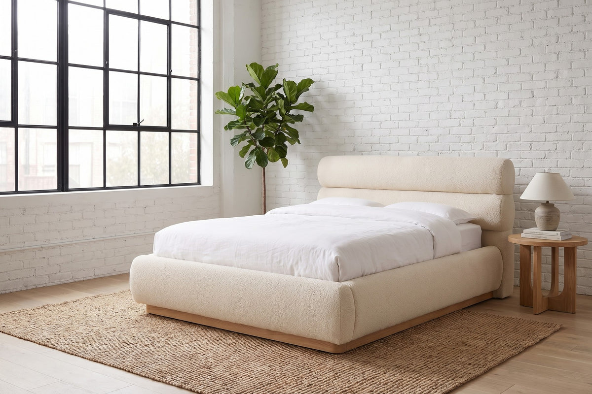 Valloire Ivory Bouclé Bed in a room setting