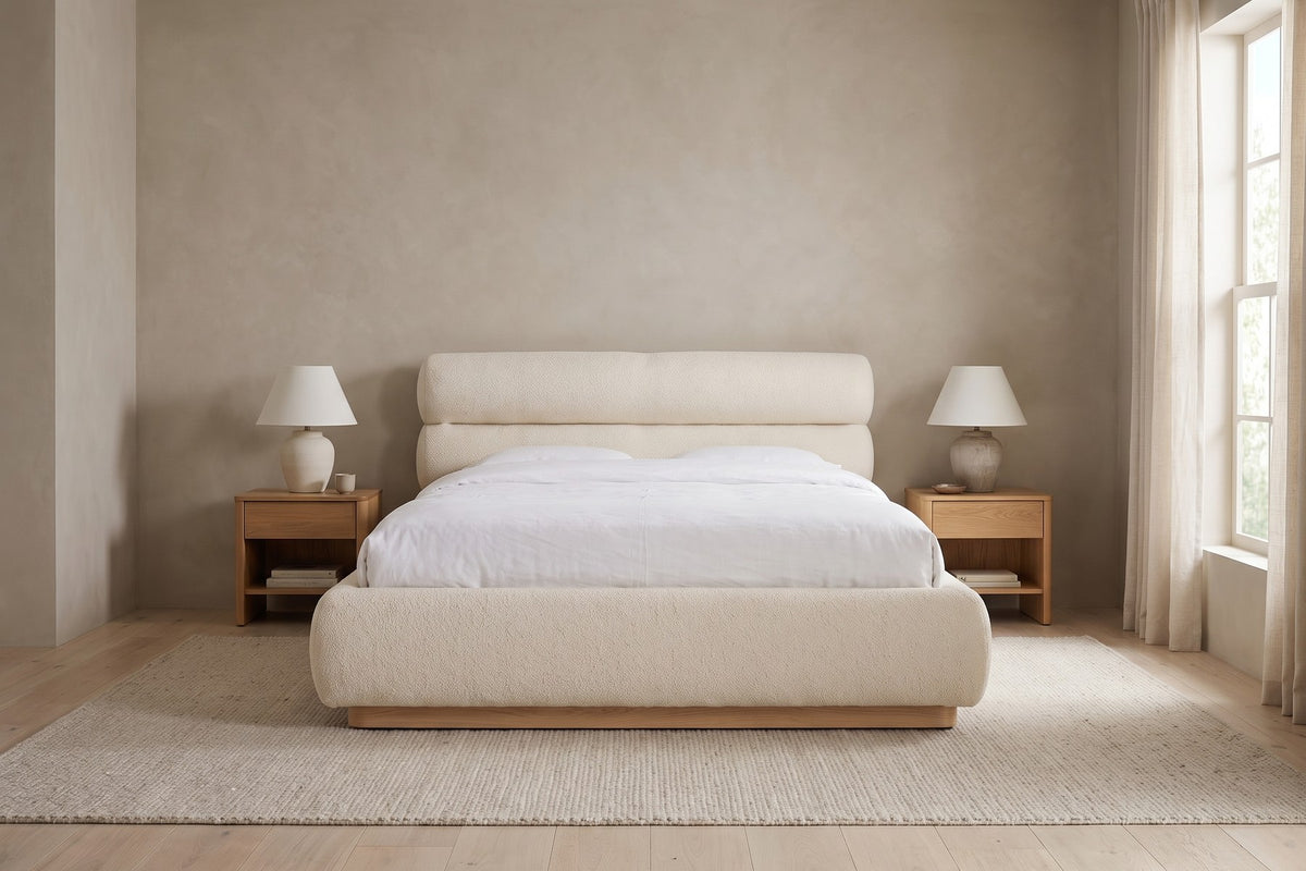 Valloire Ivory Bouclé Bed in a home