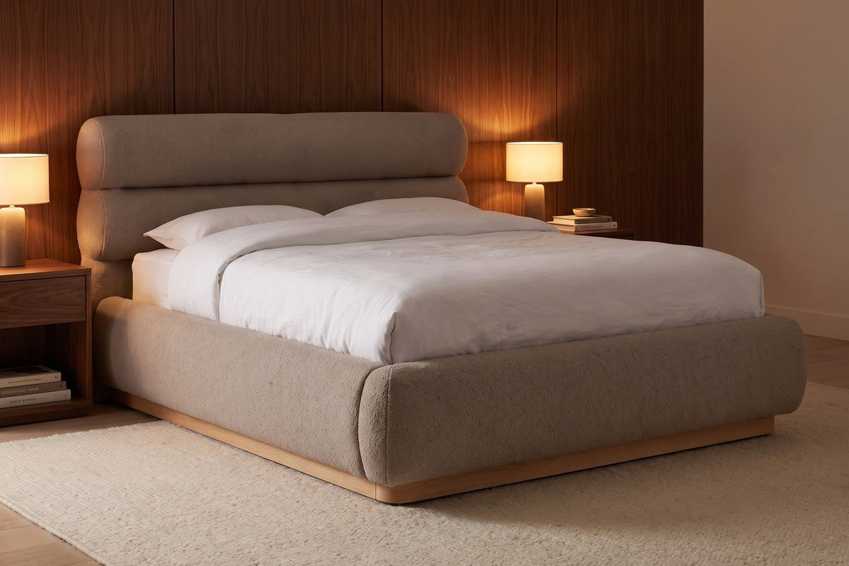 Valloire Overstuffed Bouclé Bed – Rolled Headboard, Solid Oak Plinth, Queen