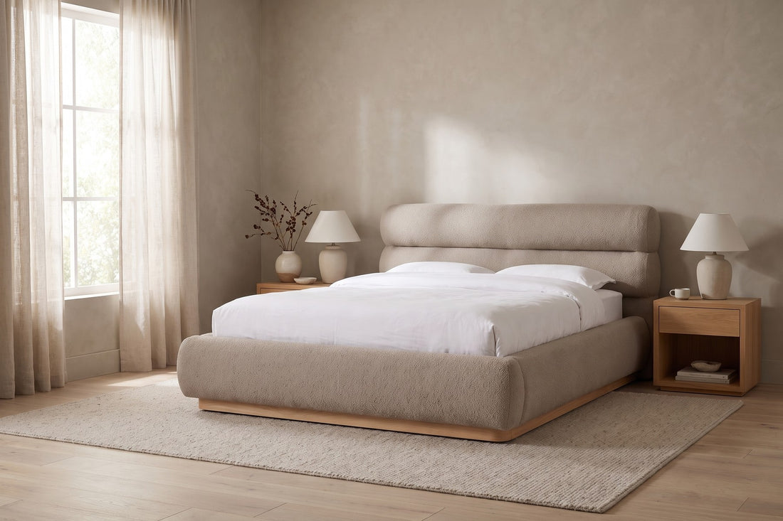 Valloire Bouclé Bed in Mushroom, in a living space