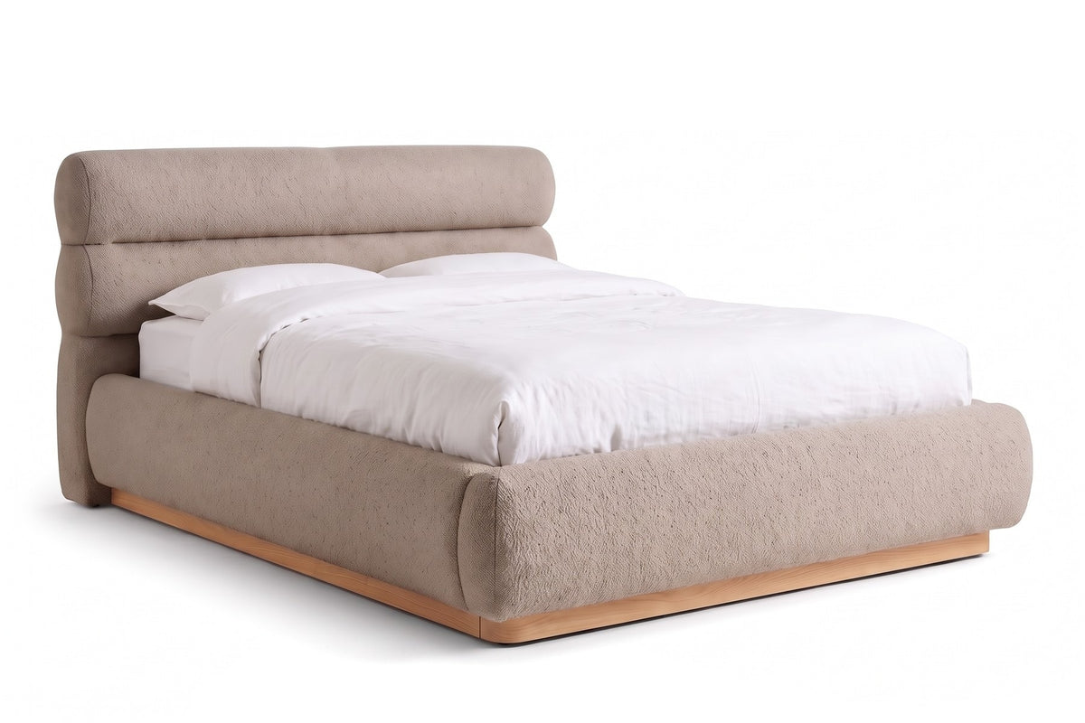 Valloire Bouclé Bed in Mushroom, three-quarter view on white