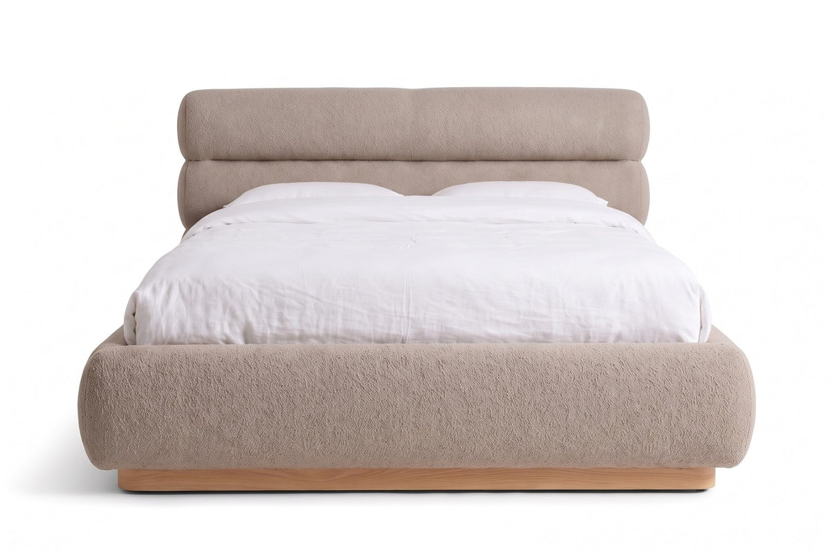 Valloire Overstuffed Bouclé Bed – Rolled Headboard, Solid Oak Plinth, Queen