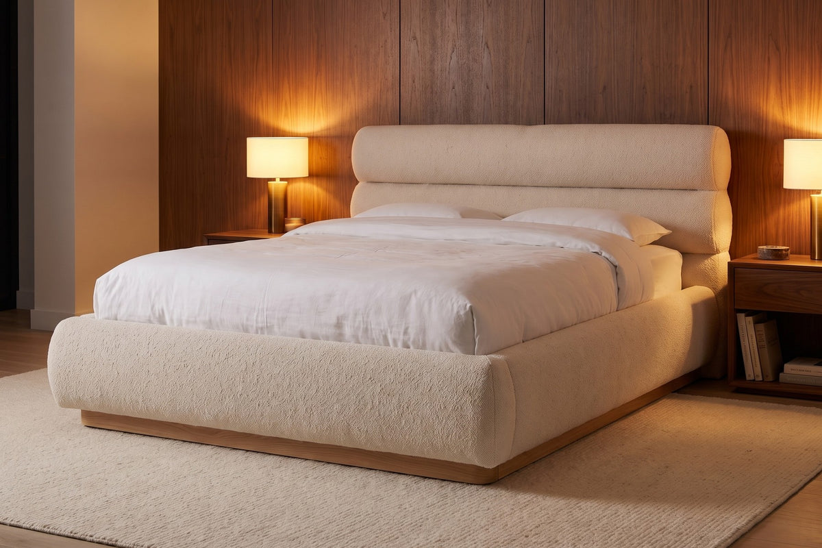 Valloire Overstuffed Bouclé Bed – Rolled Headboard, Solid Oak Plinth, Queen