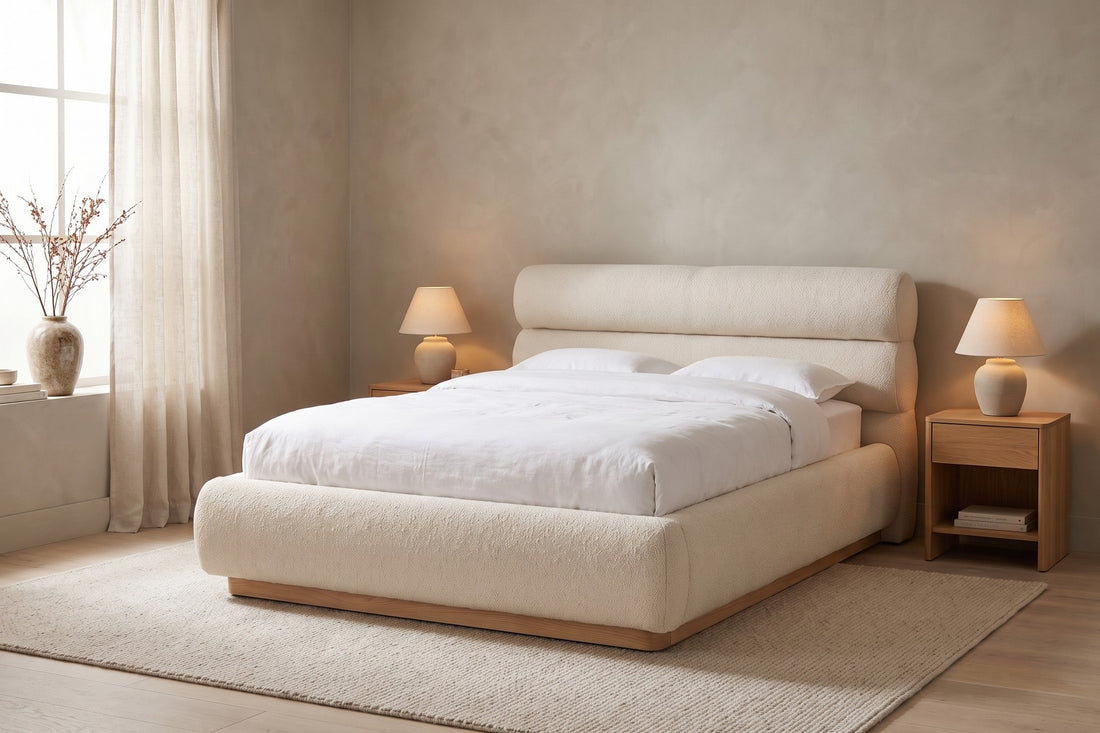 Valloire Bouclé Bed in Oatmeal, in a living space