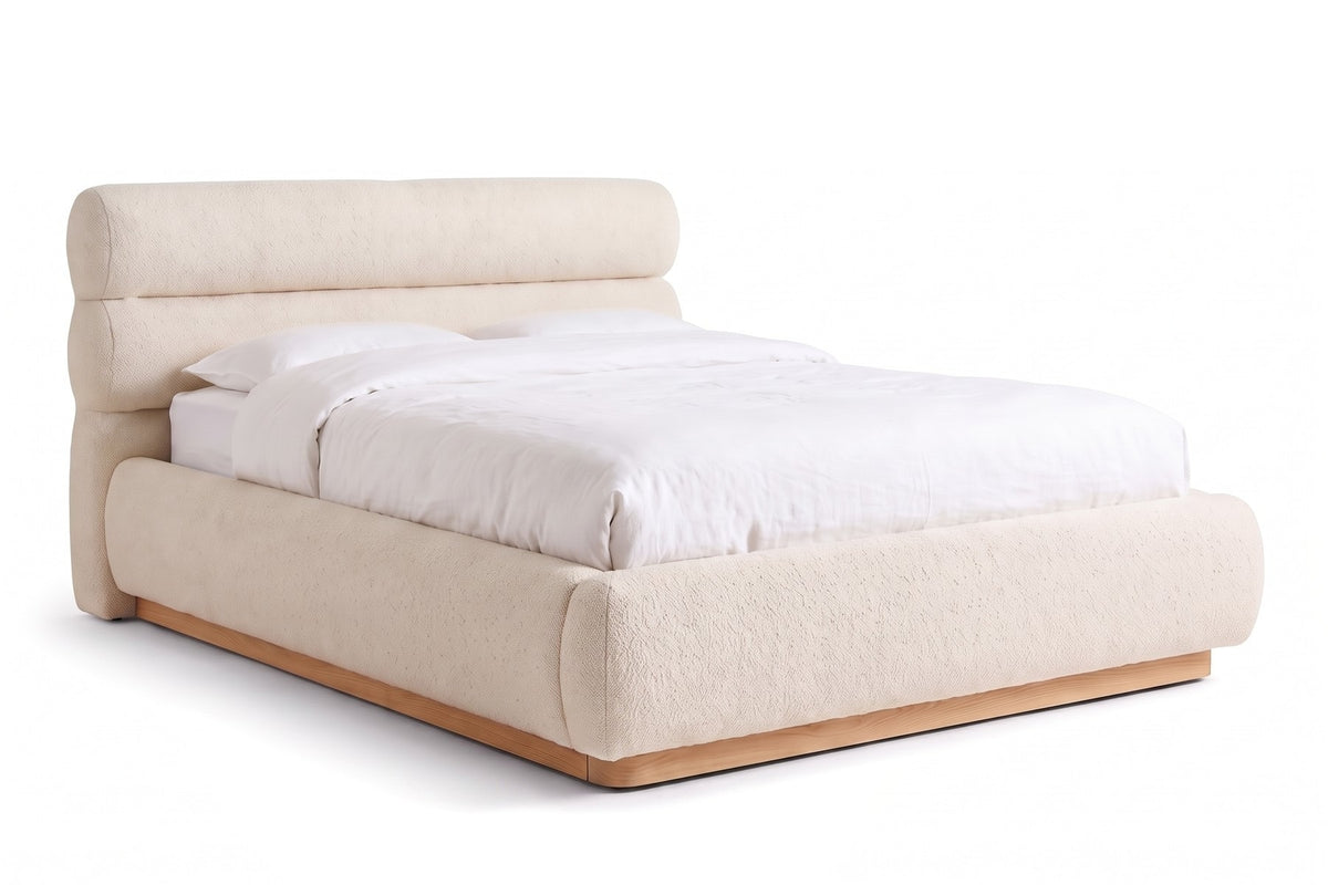 Valloire Bouclé Bed in Oatmeal, three-quarter view on white