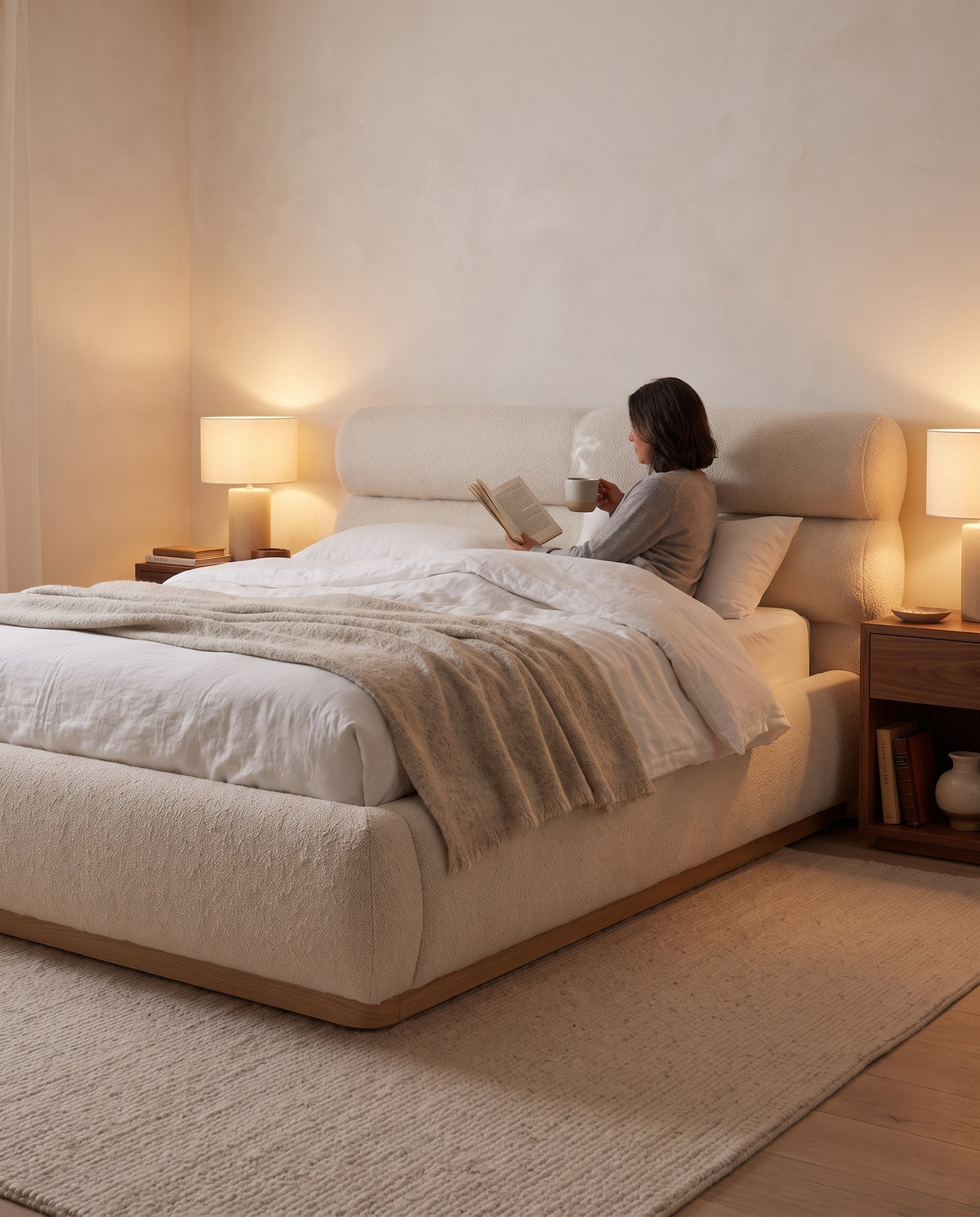 Valloire Ivory Bouclé Bed in everyday use at home