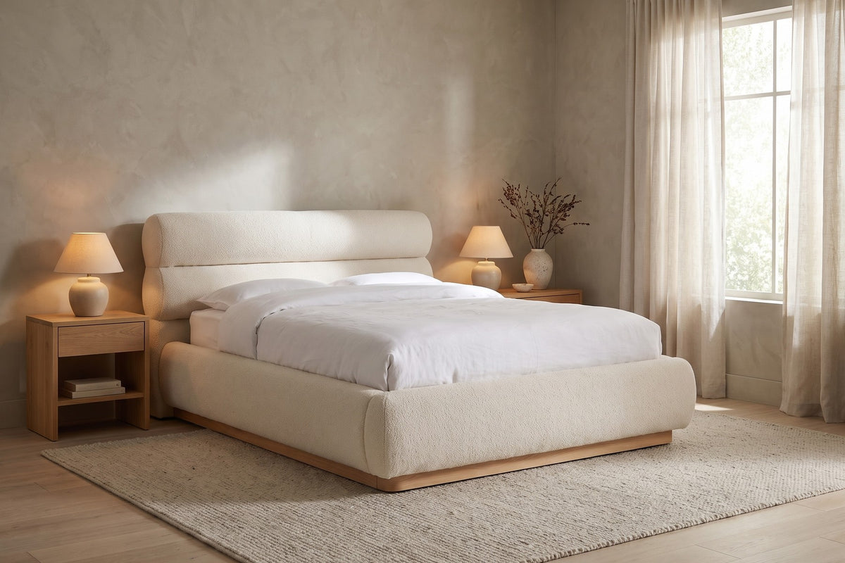 Valloire Ivory Bouclé Bed in a living space