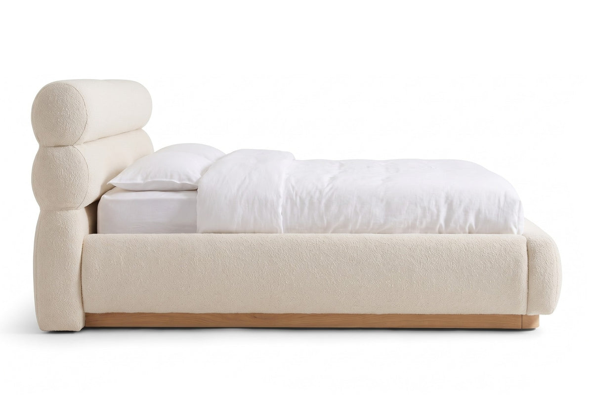 Valloire Overstuffed Bouclé Bed – Rolled Headboard, Solid Oak Plinth, Queen