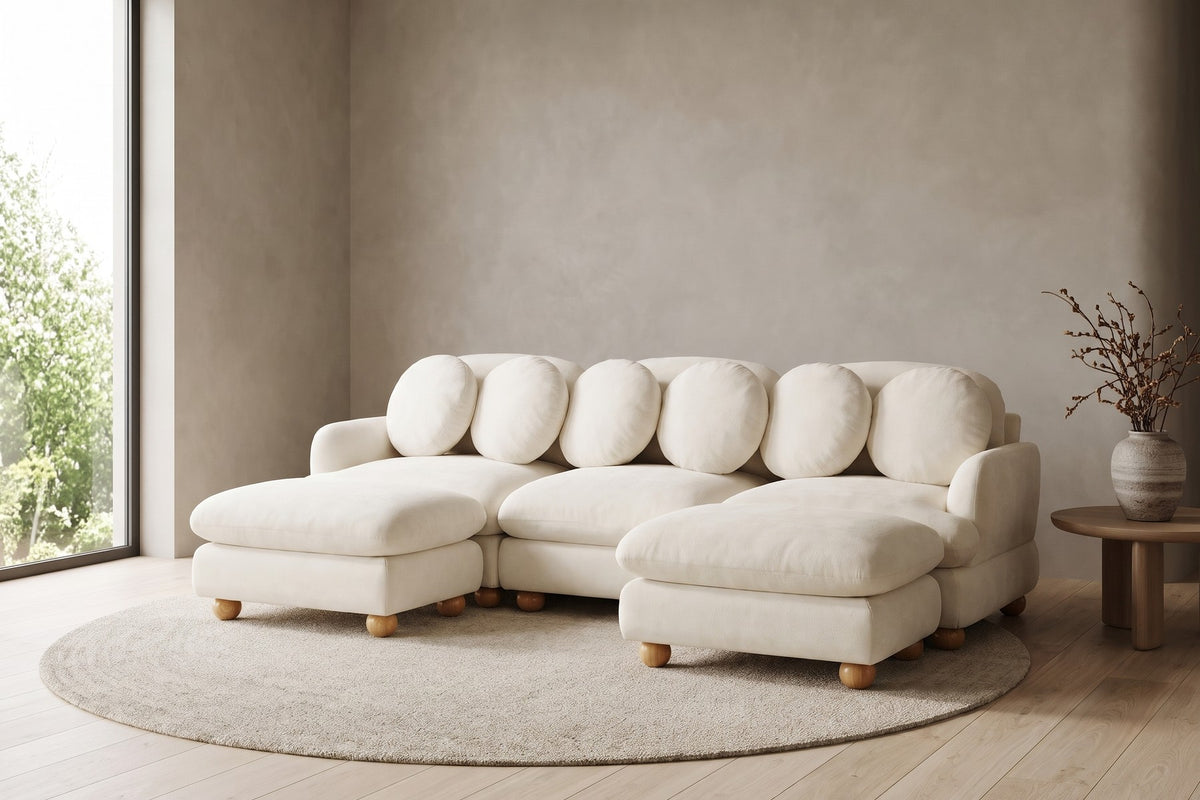 Vaugirard Chenille Modular U-Sectional – Cream, Two Ottomans, Round Wood Feet