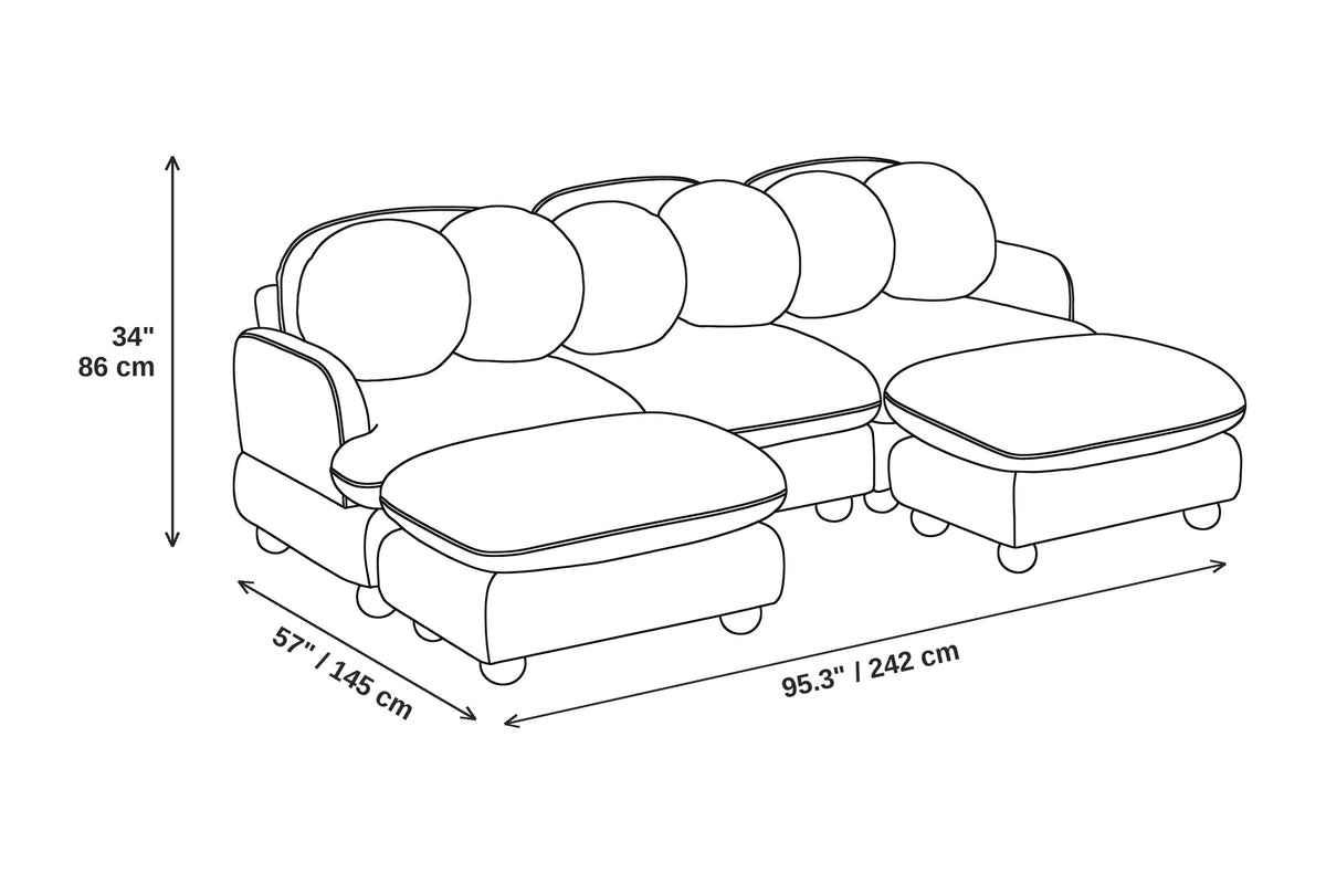 Vaugirard cream chenille modular u-sectional with round pillows and wood ball feet dimensions: 95.3 inches wide, 57 inches deep and 34 inches high
