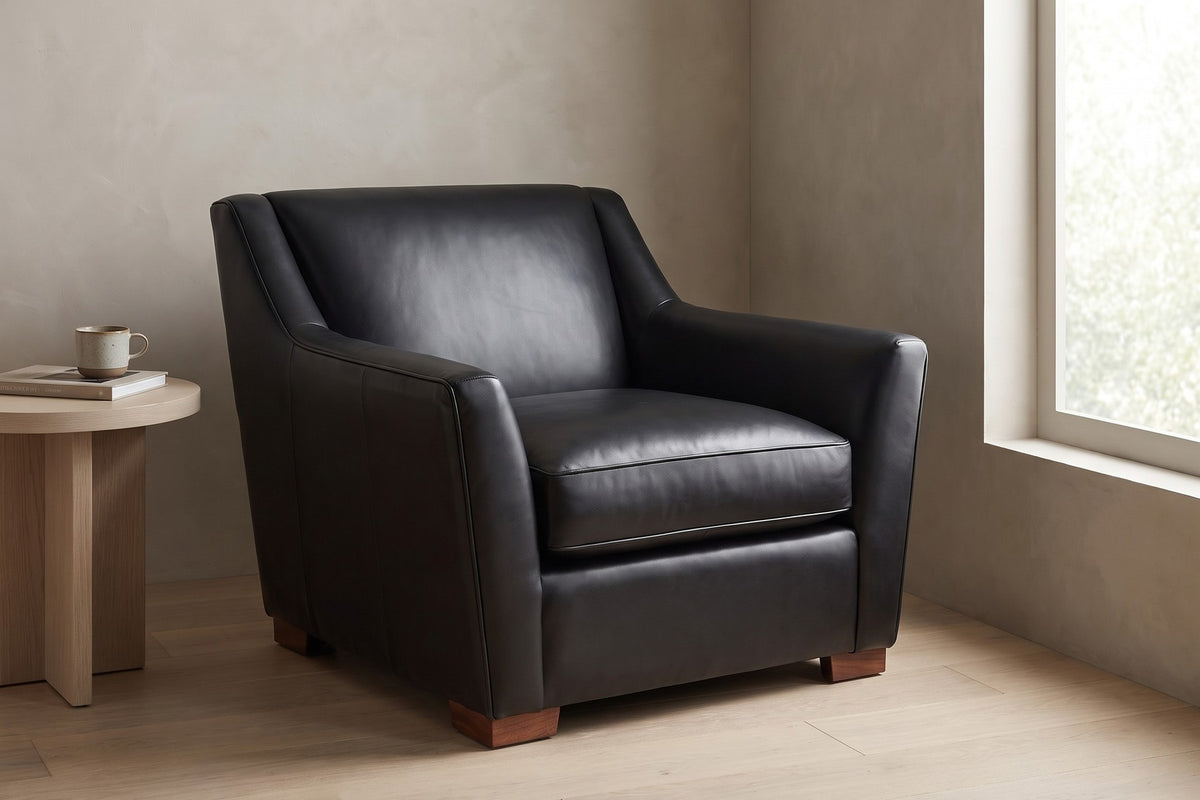 Vence Leather Lounge Chair in Black, in a room setting