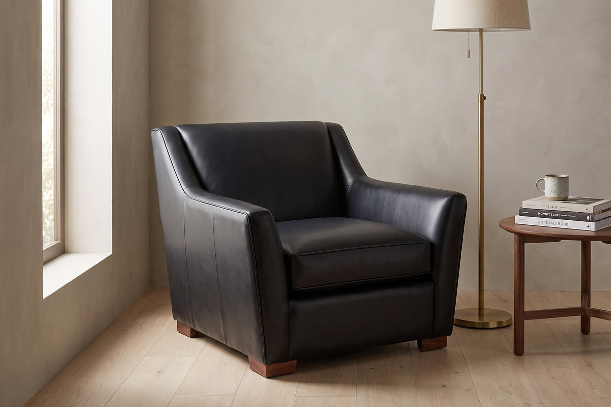 Vence Leather Lounge Chair – Sloped Arms, Low Deep Seat, Block Feet